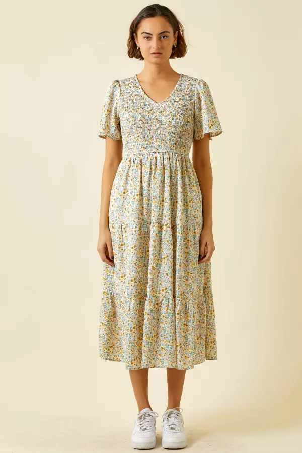 Heart And Arrow Smocked Teired Midi Dress
